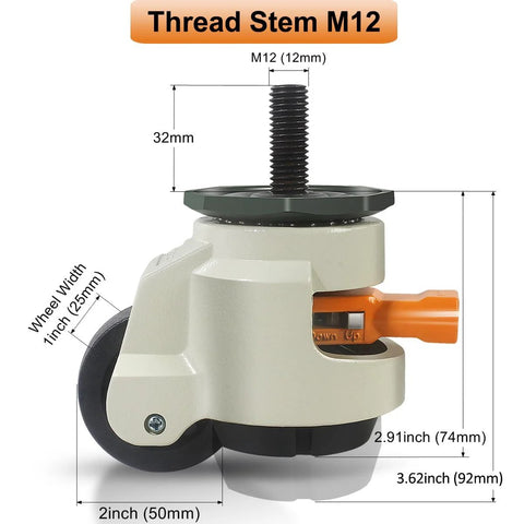 Heavy Duty Leveling Stem Casters Set Of 4 With M12 Threads, Adjustable Height Retractable Caster Wheels, side view