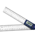 Top Shelf Heavy Duty Digital Angle Finder And 2 In 1 Digital Protractor With Seven Inch Stainless Steel Ruler showing LCD readings.