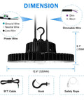 Dimensions of 240W UFO High Bay LED Light For Warehouse And Garage Workhorse Ultra Bright 34800 Lumens 5000K IP65 0 To 10V Dimmable UL Listed Durable Aluminum Housing Energy Saver For Industrial Shops And Garages shown with wiring, cable, hook, and safety rope