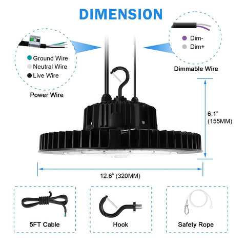 Dimensions of 240W UFO High Bay LED Light For Warehouse And Garage Workhorse Ultra Bright 34800 Lumens 5000K IP65 0 To 10V Dimmable UL Listed Durable Aluminum Housing Energy Saver For Industrial Shops And Garages shown with wiring, cable, hook, and safety rope