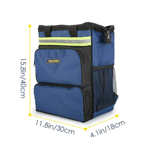 Heavy Duty Tool Backpack For Electricians And Pros, Waterproof Tool Bag With 600D Durable Build, Padded Straps, Blue, Dimensions Shown