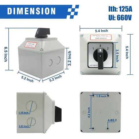 Heavy Duty 660V 125A Rotary Changeover Switch With Exterior IP65 Box dimensions and specifications view