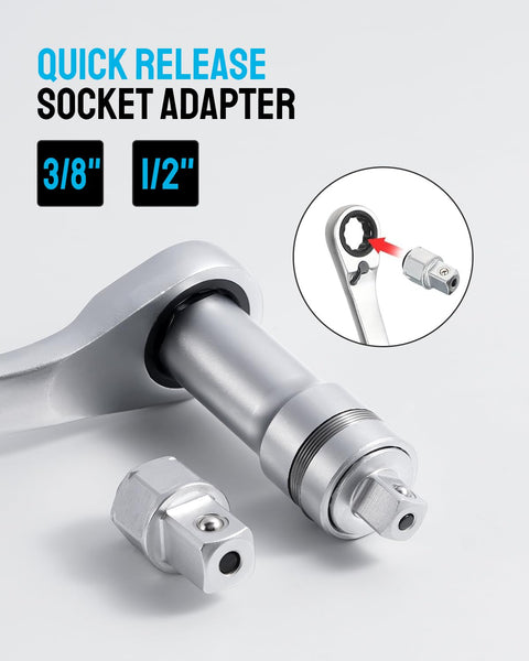 Go Through Socket Set With Three Eighths And One Half Inch Drive, quick release socket adapter, close-up view