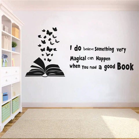 Reading Book Wall Decal Open Book With Butterflies And Inspiring Quote For Kids Study Room Bedroom Decor Black Vinyl Peel And Stick 60x28 Inches Perfect For Kids Room Nursery