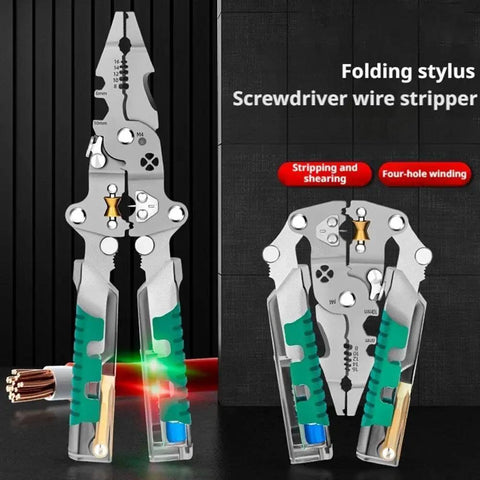 Pro Grade 18 In 1 Folding Electrical Pliers With Stylus Screwdriver And Voltage Tester showing stainless steel construction and multiple tools.
