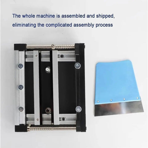 Top view of Handy Manual PCB Stencil Printer For Solder Paste, Precise SMT Printing Table with scraper, compact DIY-friendly design.