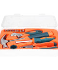 17Pcs Carbon Steel Hardware Tools Set With Hammer, Wrench, Pliers, Bits And Ratchet Handle in open plastic case