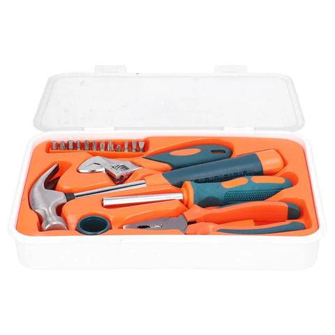 17Pcs Carbon Steel Hardware Tools Set With Hammer, Wrench, Pliers, Bits And Ratchet Handle in open plastic case