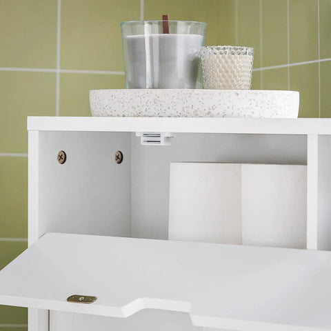 Slim Toilet Storage Cart With Wheels For Narrow Spaces 3 Tier Organizer For Toilet Paper Rolls Brushes Towels And Bathroom Essentials White Finish With Discreet Side Cabinet And Open Shelves Easy Glide Mobility BZR31-W showing open cabinet with toilet paper and decor