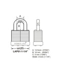 Diagram showing measurements of One And One Quarter Inch Laminated Steel Padlock With Vinyl Bumper And Brass Keys, front and side view.