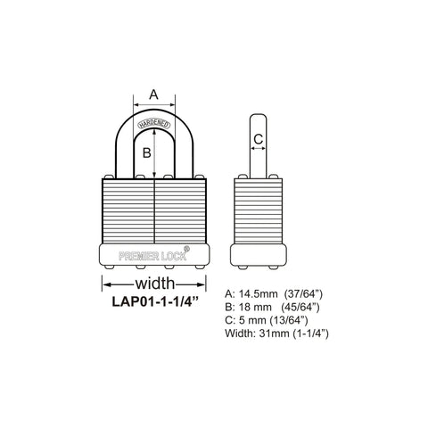 Diagram showing measurements of One And One Quarter Inch Laminated Steel Padlock With Vinyl Bumper And Brass Keys, front and side view.