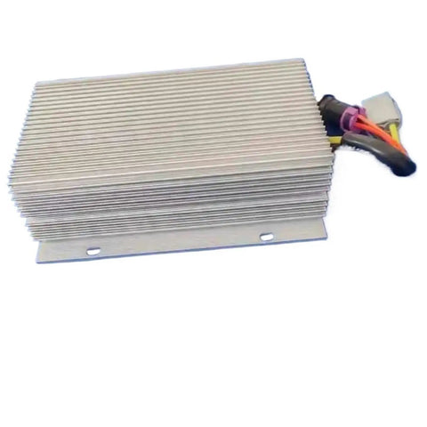 Heavy Hitter 500 Watt 48V To 12V Isolated DC To DC Converter For Electric Vehicles showing heat sink design and wiring connections.