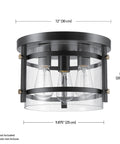 Three Light Rustic Modern Flush Mount Ceiling Light In Dark Bronze With Brass Details And Clear Glass Shade E26 Base
