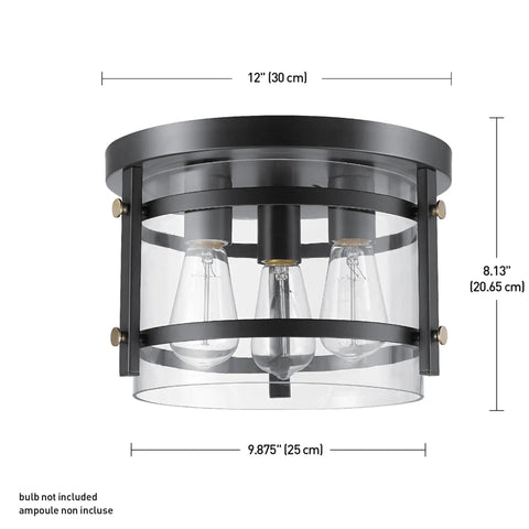 Three Light Rustic Modern Flush Mount Ceiling Light In Dark Bronze With Brass Details And Clear Glass Shade E26 Base