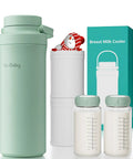 Portable Breast Milk Cooler With Thirty Hour Cooling To Keep Your Fresh Stash Crisp On The Hustle, Travel Proof Nursing Bag Including Two BPA Free Stash Bottles And Pro Grade Ice Pack, Green with two bottles and packaging.