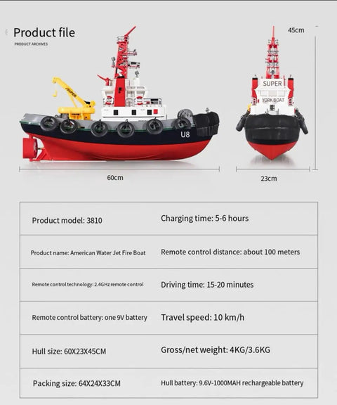 Massive 23.6 Inch Remote Control Fire Boat With Water Sprayer front and side view, showing dimensions and specifications