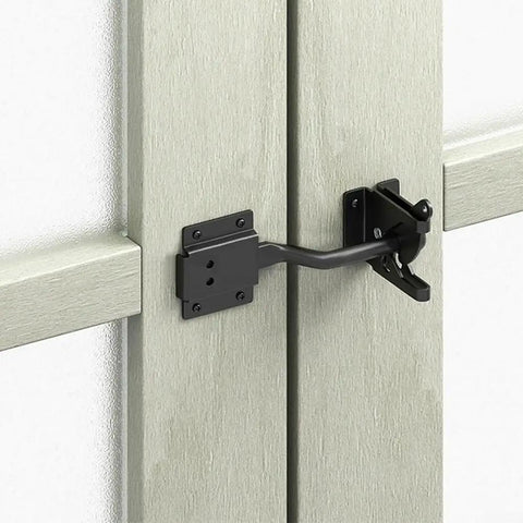 Heavy Duty Automatic Gate Latch Featuring Tough As Nails Self Actuating Mechanism And Secure Padlock Loop Built For Up To 144Mm Gates Straight Forward DIY Hookup Always Locked on a wooden gate.