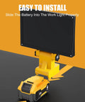 Cordless LED Work Light With 48W Output And 5760 Lumens showing battery installation compatible with 18V 20V DeWalt batteries
