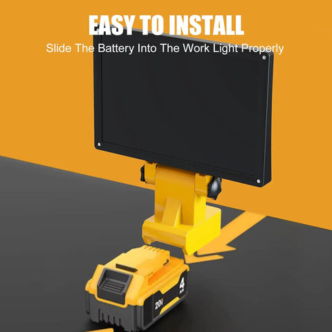 Cordless LED Work Light With 48W Output And 5760 Lumens showing battery installation compatible with 18V 20V DeWalt batteries