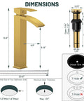 Dimensions of Brushed Gold Vessel Sink Faucet With Waterfall Design Tall Spout Single Handle Single Hole DIY Friendly Installation