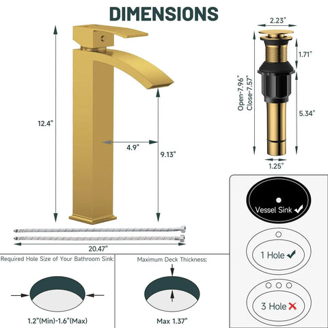 Dimensions of Brushed Gold Vessel Sink Faucet With Waterfall Design Tall Spout Single Handle Single Hole DIY Friendly Installation