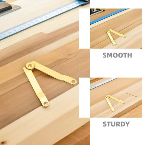 Golden Iron Lid Support Hinges For Jewelry Boxes And Treasure Chests ten piece set displayed on wooden surface