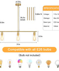 Diagram of 3-Light Kitchen Island Pendant Lighting in Gold Finish, Game-Changing Farmhouse Modern Dining Room Fixtures Over Table, 31 Inch Linear Chandelier for Kitchen Island with measurements and bulb compatibility.