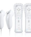 Remote Controller With Nunchuck For Nintendo Wii And Wii U Two Pack White Dope Motion Controls For Family Fun Quick Sync And Easy Setup Wide Compatibility With Original Accessories, showing 2 remotes and 2 nunchuks with silicone cases.