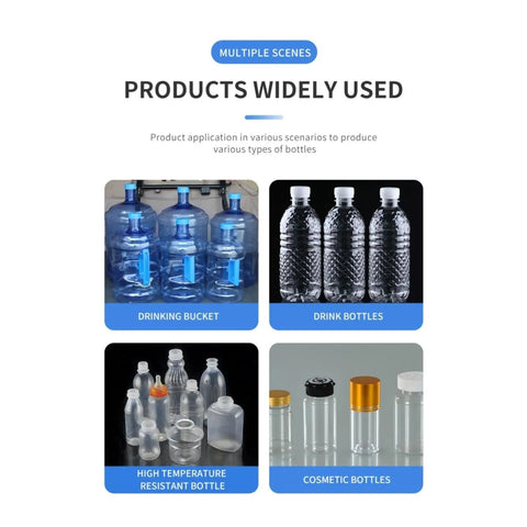 Various bottle types produced with Semi Automatic Bottle Blowing Machine Customizable Molds For Home And Business Packaging.