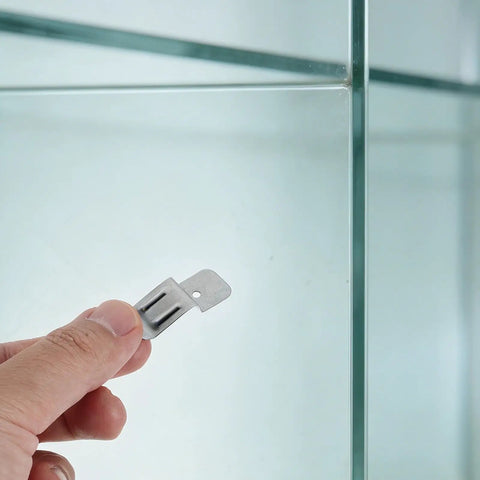 Glass Clips Quick Mount Hook Bracket Set Heavy Duty Stainless Steel shown being held near glass surface