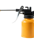 VIREYA metal hand-pump oil can with long metal spout, orange bottle, black pump head