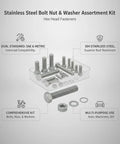 Stainless Steel Hex Head Bolts Nuts And Washers Kit With SAE And Metric Fasteners showcasing comprehensive assortment in box.