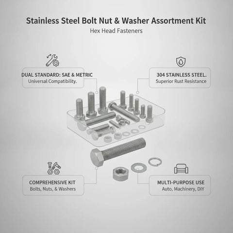 Stainless Steel Hex Head Bolts Nuts And Washers Kit With SAE And Metric Fasteners showcasing comprehensive assortment in box.