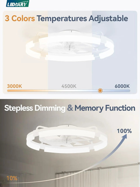 Straight Up Silent 24 Inch Low Profile Fandelier With App And Wireless Remote showing 3 color temperature adjustments and stepless dimming.