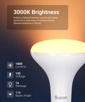 Close-up of 12 Pack BR30 LED Bulbs for Recessed Can Lights, highlighting 3000K warm white and 1600 lumens brightness with E26 base.