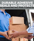 Two people handling boxes with durable adhesive seals, ideal for small boxes and envelope protection.