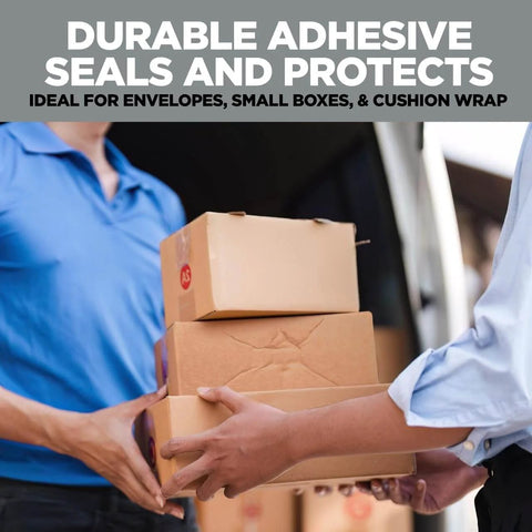 Two people handling boxes with durable adhesive seals, ideal for small boxes and envelope protection.