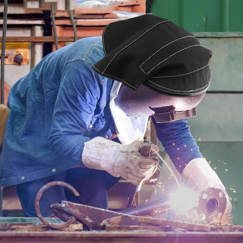 Extended FR Cotton Welding Hood Cover With U Shaped Press Fit Seal For Full Neck Protection worn during welding