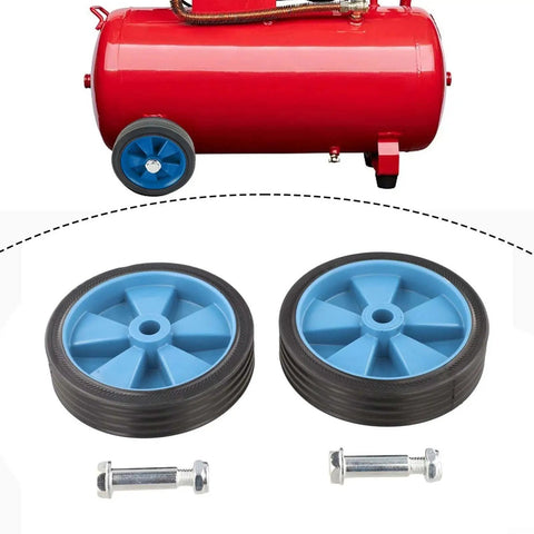 Wicked Smooth Five Inch Caster Wheels For Air Compressor Silent Shockproof Replacement Casters For Workshop And Pneumatic Tools, two blue wheels with mounting bolts.