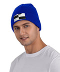 Kick Cold Weather To The Curb With This Straight Up Cozy Black And White Piano Plate Grid Knit Hat Crafted From Ultra Plush Acrylic Fiber For No Cap Winter Warmth Indoors Or Stepping Outside, blue knit beanie on model.