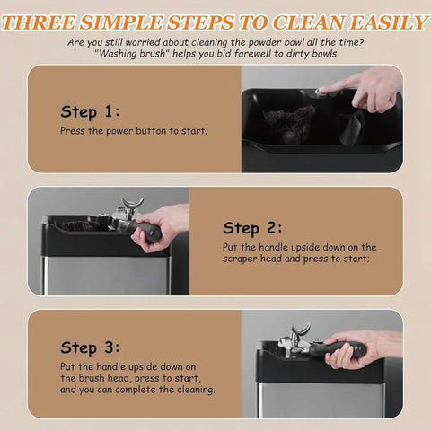 Step-by-step cleaning guide for Electric Espresso Knock Box With Automatic Portafilter Cleaner And Dual Scraper System.