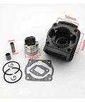 Thinking Process: 44mm engine repair kit with metal piston, bearings, seals, and gasket shown on white background