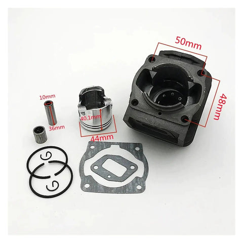 Thinking Process: 44mm engine repair kit with metal piston, bearings, seals, and gasket shown on white background