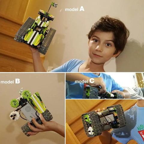 3 In 1 RC Tracked Stunt Racer Building Kit With 353 Pieces, Build Tumbling Robot And Spin Car, STEM Construction Toy For Kids Ages 8 To 12, Compatible With Orange Model, Six Total Models To Create And Play., boy holding 3-in-1 tracked stunt racer model A