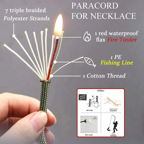 Four Pack Fire Starter Necklace Set with Flint and Steel Paracord showing burning flax tinder, fishing line, and cotton thread.