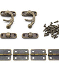 Retro Bronze Latch and Hinge Jewelry Box Kit with Antique Right Hasp Catch, includes 2 hasps, 4 mini hinges, screws for DIY projects.