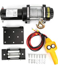 Heavy Duty 12 Volt Electric Winch With 4500 Lb Pulling Capacity components including motor, steel rope, mounting plate, and control remote.