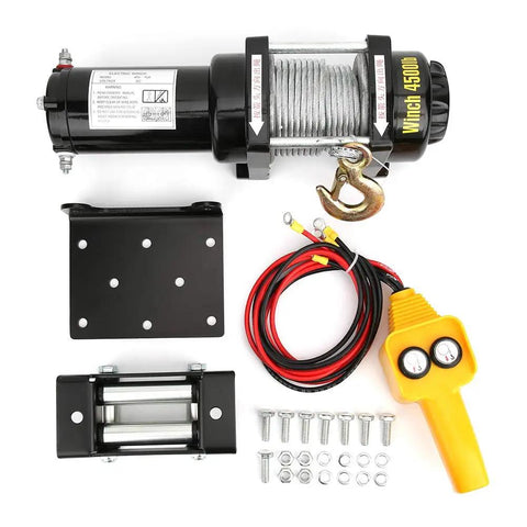 Heavy Duty 12 Volt Electric Winch With 4500 Lb Pulling Capacity components including motor, steel rope, mounting plate, and control remote.