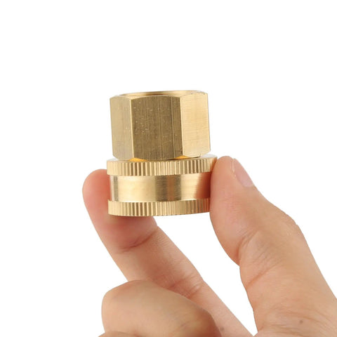 Brass Garden Hose Adapter One Half Inch NPT Female To Three Quarter Inch GHT Female With Double Swivel Connector No Fuss Rustproof Easy To Use Quick Connect For Standard Hose Fittings, brass adapter held in hand