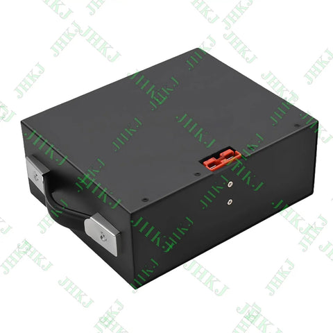 High Capacity 48 Volt Lithium Battery For Electric Forklift And Pallet Jack With Portable Handle, robust black casing, 48V power output.